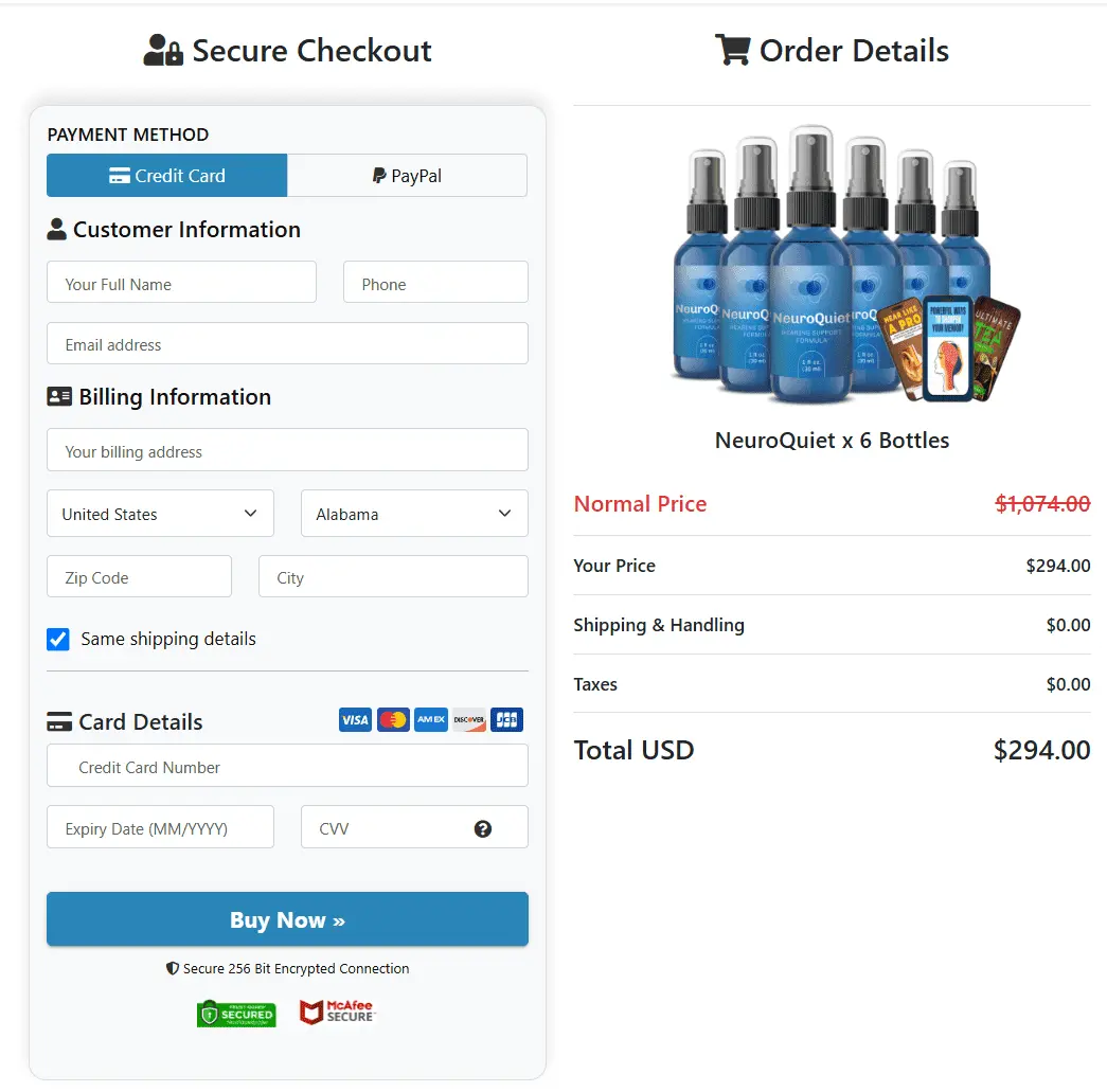 NeuroQuiet Checkout Page